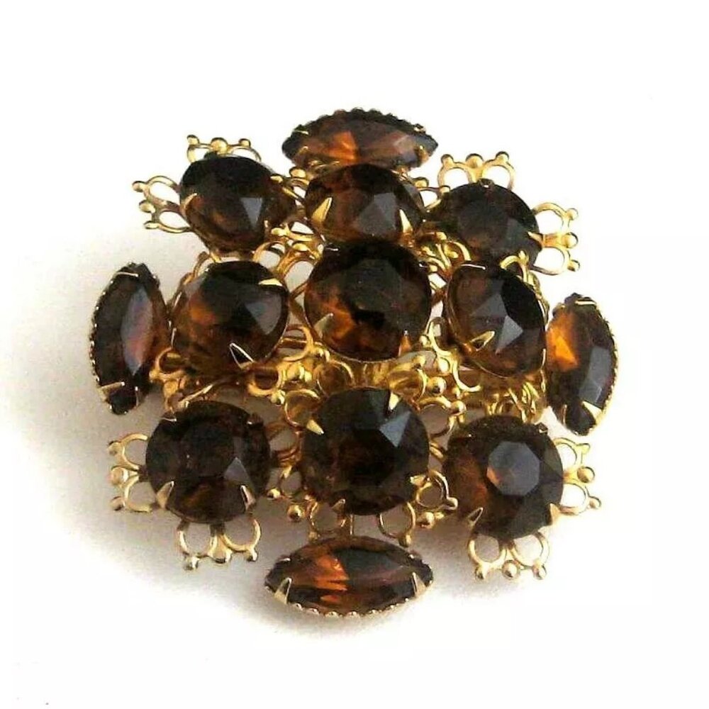 Vintage topaz glass stone Brooch goldtone setting